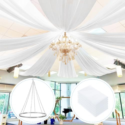FUHSY Ceiling Drapes with Hanging Kit Chiffon Ceiling Drapes for Weddings 6 Pack 5ft x 10ft White Arch Draping Fabric Ceiling Curtain Décor for Tent Parties Events Includes Metal Ceiling Hanging Hook