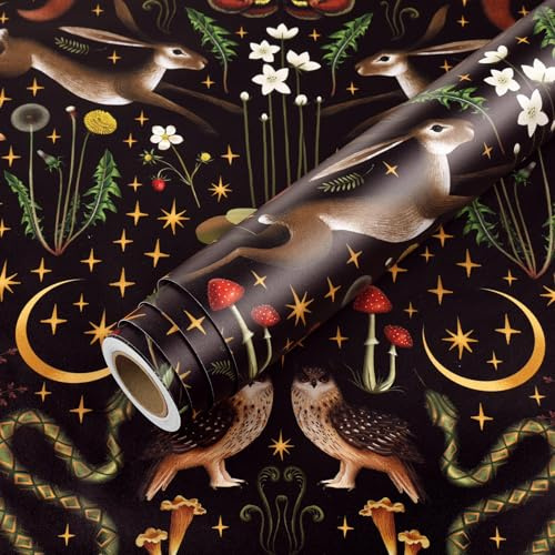 Livelynine Papier Peint Foret Tropicale Animaux Noir Papier Peint Autocollant Mural pour Chambre Salon Gothique Fantasque Nature 44.5CMx7M Vinyle Adhesif Meuble Motif Lièvre Sauvage Champignon Fougere