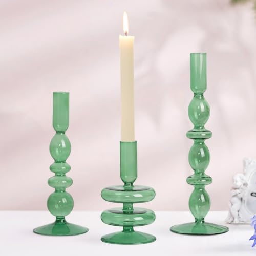 Glasseam Ljushållare i glas, set med 3, gröna ljushållare för ljusstakar, eleganta ljusstakehållare för bordsuppsatser, avsmalnande ljushållare för jul- och middagsdekorationer