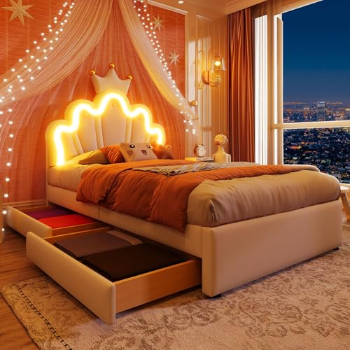Kinderbett mit 2 Schubladen und LED Lampen, Gepolstertes Bett 90 x 200 cm mit Prinzessinnenbett in Kronenform, Einzelbett für Mädchen Lattenrost und Rückenlehne, Aus PU Leder Weiß (Ohne Matratze)