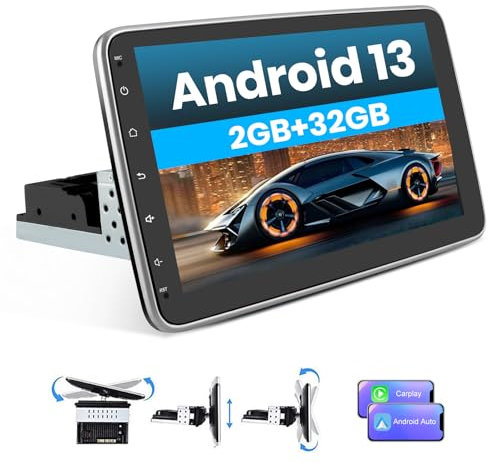 Hexinex Android 13 Radio Coche 1 DIN Universal con Pantalla Táctil y Giratoria de 10 Pulgadas, con CarPlay/AndroidAuto/Mirror Link, WiFi/GPS/Bluetooth/RDS/USB/FM/Mandos del Volante