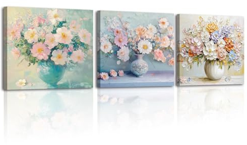 Piy Painting Lienzo Floral en Jarrón, Cuadro en lienzo Flor de colores, Cuadro mural Fácil de colgar Para Salón Dormitorio Despacho, Set de 3, 30x30cm (90x30cm), Marco Interior