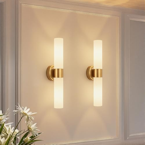 Meybiok Hardwired Wall Sconces Set of Two, Modern Bathroom Sconces Wall Lighting with Milky White Glass, Brushed Gold Sconces Wall Decor Set of 2 for Bathroom Mirror Bedroom Living Room Hallway