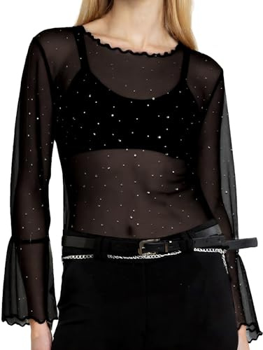 Nilioyul Camicetta da Donna, Top Sexy, in Maglia Trasparente, con Scollo a V, a Maniche Lunghe, con Paillettes, Nero, Nero , M