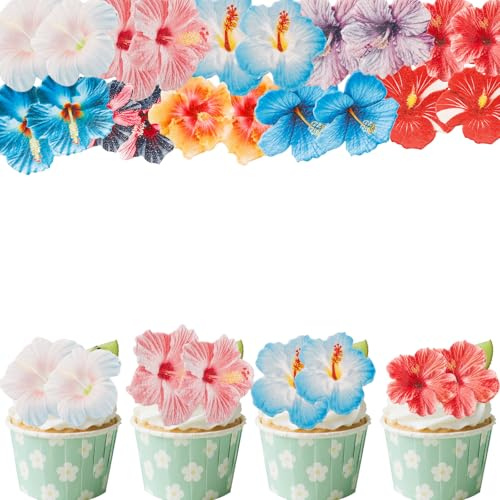 Gleevio 60 Stück Hibiskus Cupcake Deko Essbar, 10 Stile, Essbare Blumen für Torte Bunt, Esspapier Blumen Tortendeko Hochzeit, Essbare Blüten Kuchen Deko, Blüten Muffin Topper für Hochzeit Jahrestag