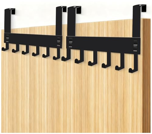 Primasage 2 Pieces Over Door Hook with 6 Hooks, Heavy Duty Door Hook Hanger, Stainless Steel Over Doors Coat Hooks for Hanging Clothes, Towels, and on the Back of the Bathroom（Black）