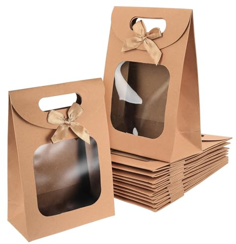 12 Stück Papiertüten Klein, Geschenktüten mit Fenster, Braune Papiertüten mit Fenster, Kleine Geschenktasche mit Henkel für Geschenkverpackung Süßigkeiten Tüten Verpackungstüten(14 x 20 x 7 cm)