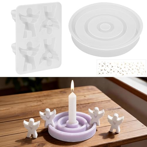 4 stampi in silicone a forma di angelo con cuore, 1 stampo rotondo in silicone con adesivo decorativo, forma di angelo/portacandele di Natale, stampi in gesso per versare, stampi per candele fai da te