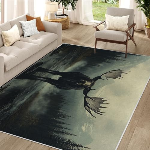buyluhn Waschbarer Kurzflor-Teppich 60x180 - Elch Wald Teppiche - Vintage Outdoor Landhausstil Kunst Dünn Saugfähig Carpet Für Wohnzimmer Schlafzimmer Jugendzimmer Oder Als Bettvorleger QY9