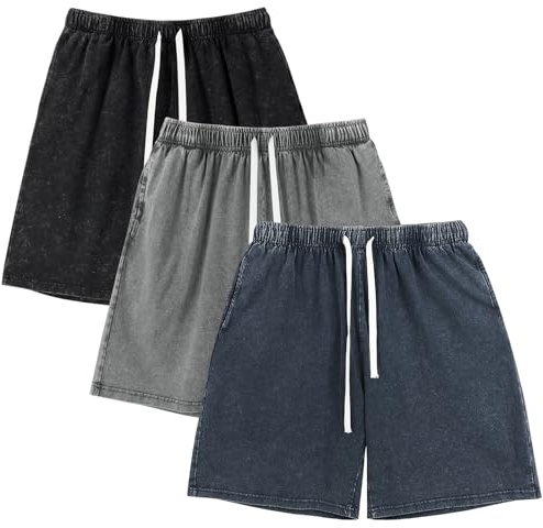 Gihuo Mens Sweat Shorts Cotton Athletic Shorts Vintage Acid Wash Elastic Waist Drawstring Workout Shorts with Pockets(BlackDarkGreyNavy-S)