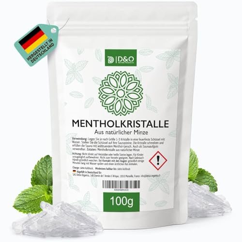 D&O Nature Products Mentholkristalle Sauna 100g, Saunakristalle aus 100% reiner Minze, Menthol Kristalle als Saunaaufguss im wiederverschließbaren Beutel, Sauna Zubehör Geschenk