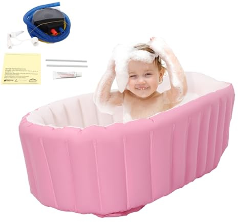 Bañera hinchable para bebé con bomba de aire, 77 x 40 x 25 cm, portátil, plegable, de PVC, antideslizante, para bebés de 0 a 3 años, color rosa