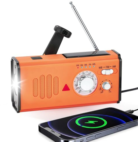 Kurbelradio mit 4000mAh Powerbank，3-Wege-Laden Notfallradio, AM/FM/WB Weltempfänger, LED Taschenlampe & SOS Alarm, USB-C, für Blackout Notfallausrüstung Camping Outdoor