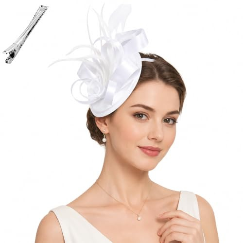 Fjquamitix Fascinators Hats for Women Elegant Feather Handcrafted Ribbon Fascinators Perfect for Wedding Cocktail Party Tea Event (White)