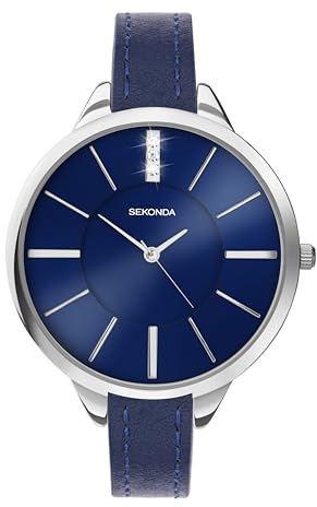 Sekonda Ada Womens Watch – Quartz 39mm Ladies Watch with Stone Set Sunray Dial, Silver-Tone Case and Blue Leather Strap – 2 Year Warranty