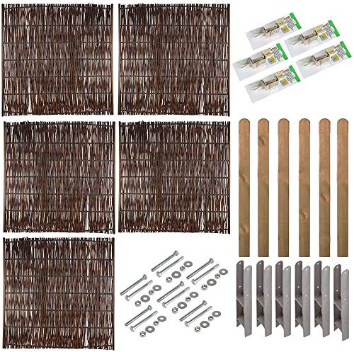Weidenzaun | Komplettset mit Montagematerial & 5 Stk. Gartenzaun 180x180 cm & 6 Pfosten (braun) 9x9x190 cm | ca. 9,5 lfdm. | Sichtschutz Weide | Sichtschutz-Zaun | Zaunelement | Zaunfeld