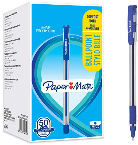 Paper Mate Brite Penne a Sfera, Comfort Grip, Punta fine 0.7 mm, Blu, 50 Pezzi
