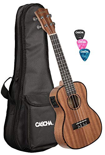 CASCHA Mahagoni Konzert Ukulele Set Tonabnehmer I Ukulele Starter Kit 3 Plektren Tasche integriertes Stimmgerät I Ukulele Aquila Saiten Nylon I Kleine Hawaii Gitarre für Anfänger Fortgeschrittene