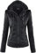 Newbestyle Chaqueta de piel sintética con capucha para mujer, chaqueta de motociclista con cremallera completa, abrigo plisado, abrigo casual cálido, Negro, 44