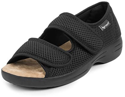 Aerosoft Reha-Sandale Stretch 06 Damen Klettverschluss Weite G-H rutschhemmend (schwarz, Numeric_39)