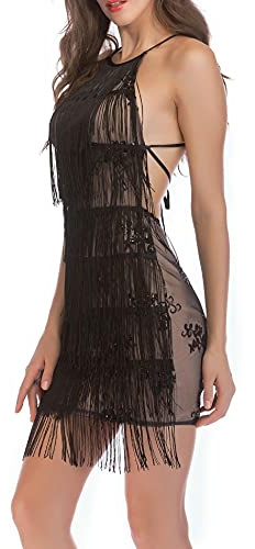 HAHAEMMA - Robe à Franges Dos Nu Style Années 1920 - Great Gatsby Cocktail - Costume de Fête Carnaval - Pour Femmes, Noir, S
