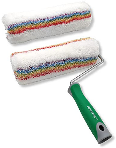 DEWEPRO® 25cm Farbroller inkl. Steckbügel und Ersatzwalze - langflorige Farbwalze mit 2-Komponenten-Griff - geeignet für Dispersionsfarben, Acrylfarben, Latex-Farben, Silikon- und Silikat-Farben