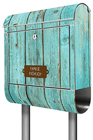 banjado® Briefkasten mit Standfuß personalisiert Motiv Blaues Holz - Stand Briefkasten Edelstahl mit Zeitungsfach - Postbox/Postkasten A4 Einwurf inkl. Montagematerial & 2 Schlüssel