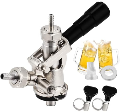 Dbgogo European Sankey S System Keg Coupler, 1/4'' Beer Barb Stainless Steel Probe Brass Body 5/16'' Gas Tailpiece Draft Kegerator Tap Dispenser with Safety Pressure Relief Valve Brewing Hose Clamp