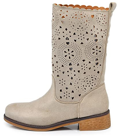 IF Fashion Damenschuhe Frühlings- und Sommerstiefel Perforierte Wadenhohe Biker-Stiefel Mit Schnallen Amphibien LY70-1, 39 EU