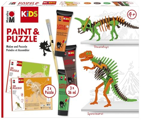 Marabu KiDS Little Artist, 3D Puzzle Set, Motiv Dinosaurier, Bastelset für Kinder ab 4 Jahren mit 2 x 3D Holzpuzzle, Pinsel, 3 x 36 ml Farbe, auswaschbar, vegan, Made in Germany, 0305000000110