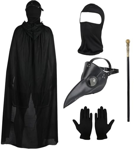 Lifreer Costume de Médecin de la Peste - Masque Steampunk à Bec Long Avec Gants Noirs, Cape à Capuche, Masque Intégral et Canne pour Halloween et Cosplay