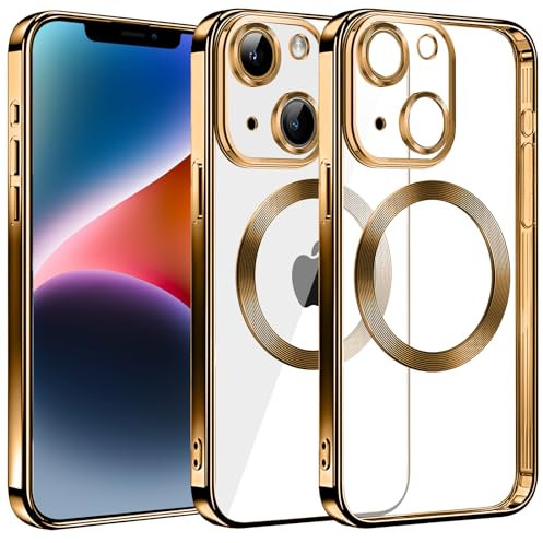 S. Dawezo Klare Magnetische Hülle für iPhone 14 Plus, kompatibel mit MagSafe, Militärnorm Schutz, Kratzfest, Stoßfest, Schlanke Transparente Silikonhülle für iPhone 14 Plus Hülle, Gold