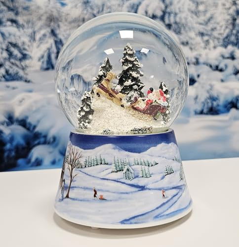 Schneekugel Weihnachtsmann im Schlitten auf Sockel nostalgische Schneelandschaft Mittelblau Weihnachten Winter mit Spieluhr - 100mm breit * 20105
