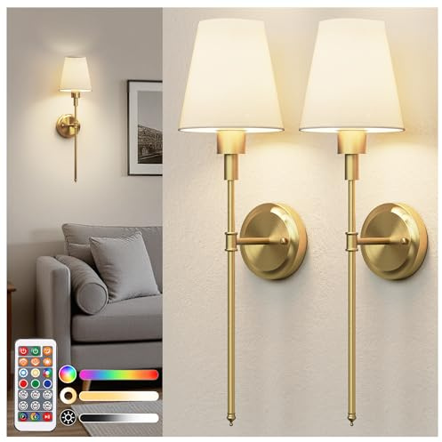 DORESshop Battery Operated Wall Sconce Set of 2, Wireless Wall Light Easy to Install, 15 Color Rechargeable Wall Sconces, Sconce Wall Decor Set of 2 for Bedroom, Living Room, Gold, 24.6in