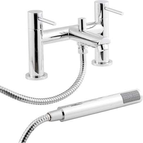 Balterley Bath Mixer Tap with Shower Kit, Dual Lever Round Bath Filler Tap, Round Head Showers for Bathrooms, Bathroom Taps with Shower Head and Hose Set - 226 x 146 x 142mm (Chrome)