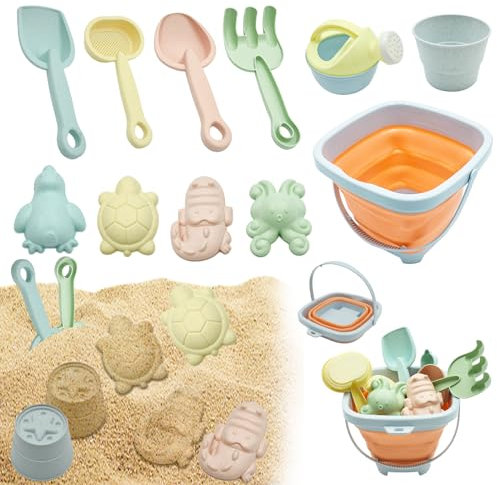 Coriver Sandspielzeug Set, 11 Stück Sandkasten Spielzeug mit Faltbarer Eimer, Silikon Sandspielzeug Strand Spielzeug, Sandelsachen für Kinder, Sandkastenspielzeug für Junge Mädchen Alter 3-5