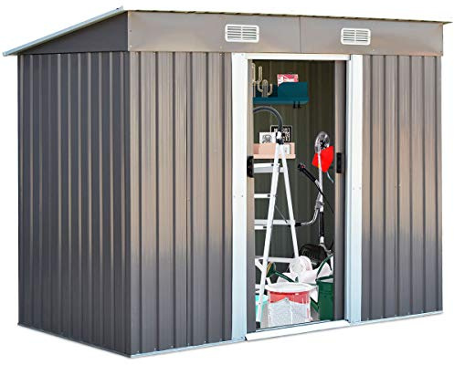 GOPLUS Verktygshus metall 238 x 131 x 181 cm, enhetsskjul med 2 skjutdörrar och 4 ventilationsfönster och pulttak, trädgårdshus för trädgård, gård