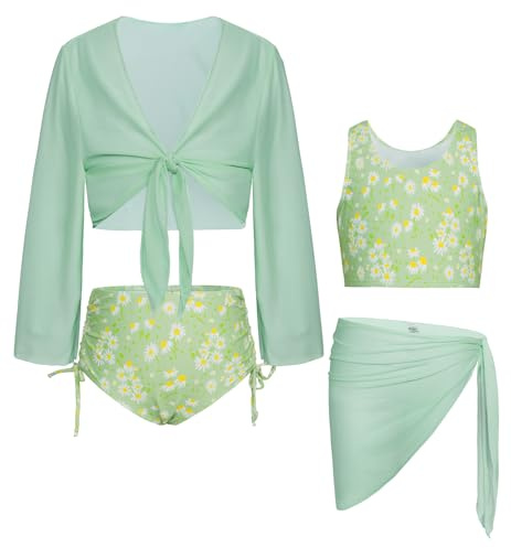 GRACE KARIN Mädchen Badeanzug Vierteiliges Set Bikini Set zum Binden Vorne Tankini Badeanzug Schwimmanzug