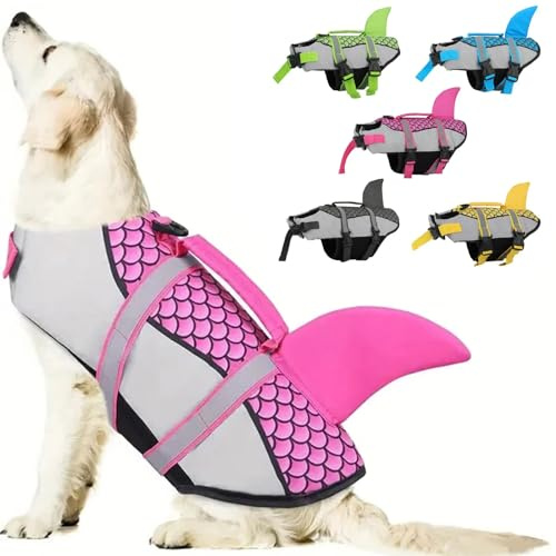 RUYICZB Hunde Schwimmweste Hai, Verstellbar & Ripstop Hunde Rettungsweste Mit Rettungsgrif, Hoher Schwimmfähigkeit Haustier Lebensretter Welpen Badeanzüge Für Strand Leicht Und Sicher,Rosa,L