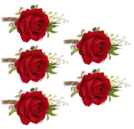5 Stück Hochzeits-Boutonniere-Anstecknadel, Eukalyptus-Boutonniere für Männer, Hochzeit mit Anstecknadeln, künstliche Blumen-Corsage aus Kunststoff für Braut und Bräutigam (Rot)