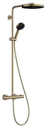 hansgrohe Pulsify S Puro - vattenbesparande Duschsystem (EcoSmart) med termostat, Regndusch (⌀ 260 mm), Duschset med handdusch, duschslang, duschstång och rund huvuddusch, borstad brons, 24237140