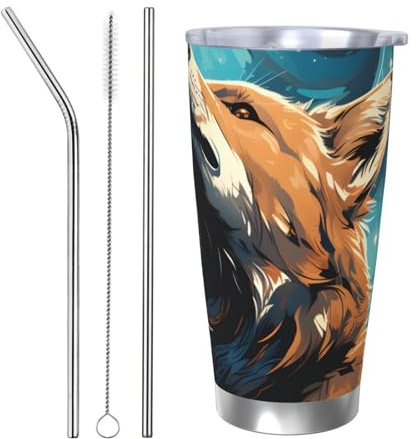 Mexpekil Isolierter Reisebecher, Eiskaffeetasse, Reisebecher, Edelstahl, Smoothie-Tasse, Auto-Kaffeetasse, Sternenlicht, Wald, Wolf, Becher mit Strohhalm und Deckel, 590 ml