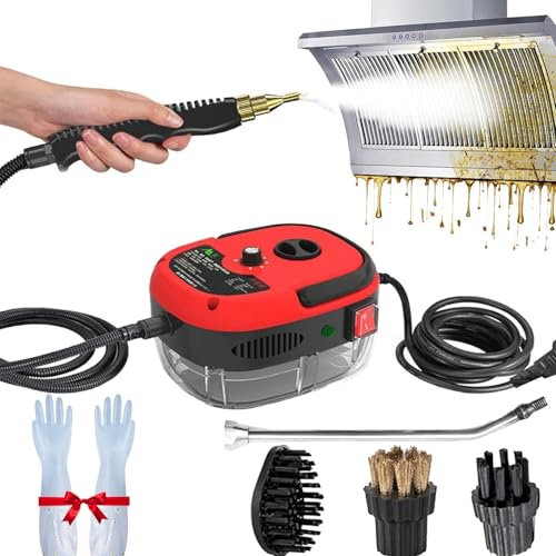 Pulitore a vapore portatile, pulitore a vapore ad alta pressione da 1500W con 1 ugello e 3 testine a spazzola, forte aspirazione, pulitore a vapore pressurizzato ad alta temperatura portatile(Red)