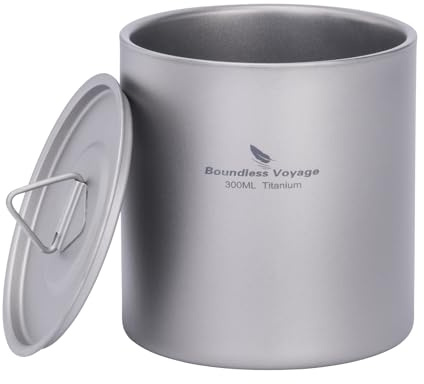 iBasingo Ti3242D Tasses à double paroi en titane avec couvercle ultra léger en métal pour thé café et extérieur, camping, voyage, usage quotidien 300 ml