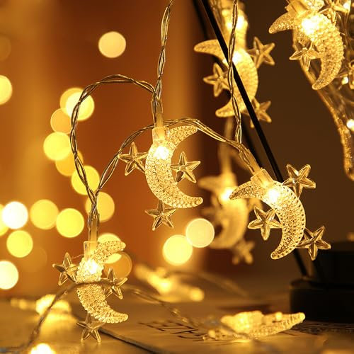 MUCHER Guirlande lumineuse en forme de lune et étoile, 6 m, 40 pièces, alimentée par USB, décoration pour fêtes et intérieur