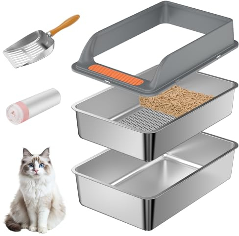 Sift Stainless Steel Litter Box with Lid, Medium Sifting Cat Litter Pan for Pine Pellets & Big Cats, Metal Pellet Sifter System for Odor Control
