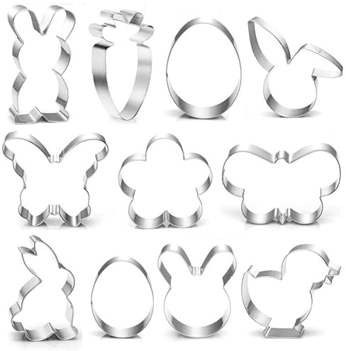 JALEVID Lot de 11 emporte-pièces pour biscuits de Pâques, motif lapin, œuf, fleur, papillon, poussin, carotte