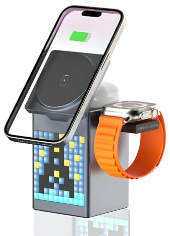3 in 1 Ladestation, Multifunktionale Schnellladestation mit Bluetooth Lautsprecher, Wecker, Pixel Display, Tragbares drahtloses Ladegerät für Telefon iWatch