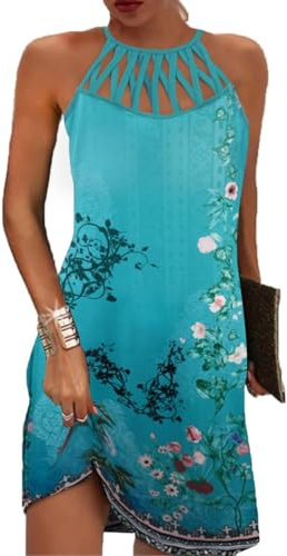 GRMLRPT Vestidos para Mujer sin Mangas Boho Vestido de Verano Estilo étnico Elegante Malla Impresa Vestidos Retro Cuello Halter Vestido de Ocio Vestidos de Playa Mujeres(Azul-3,L)