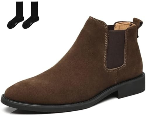 WAMIZEU Chelsea - Botas para hombre, de piel de gamuza, elásticas, sin cordones, con forro de felpa, cómodas, cálidas, de piel de vacuno, 3 marrones, 45 EU